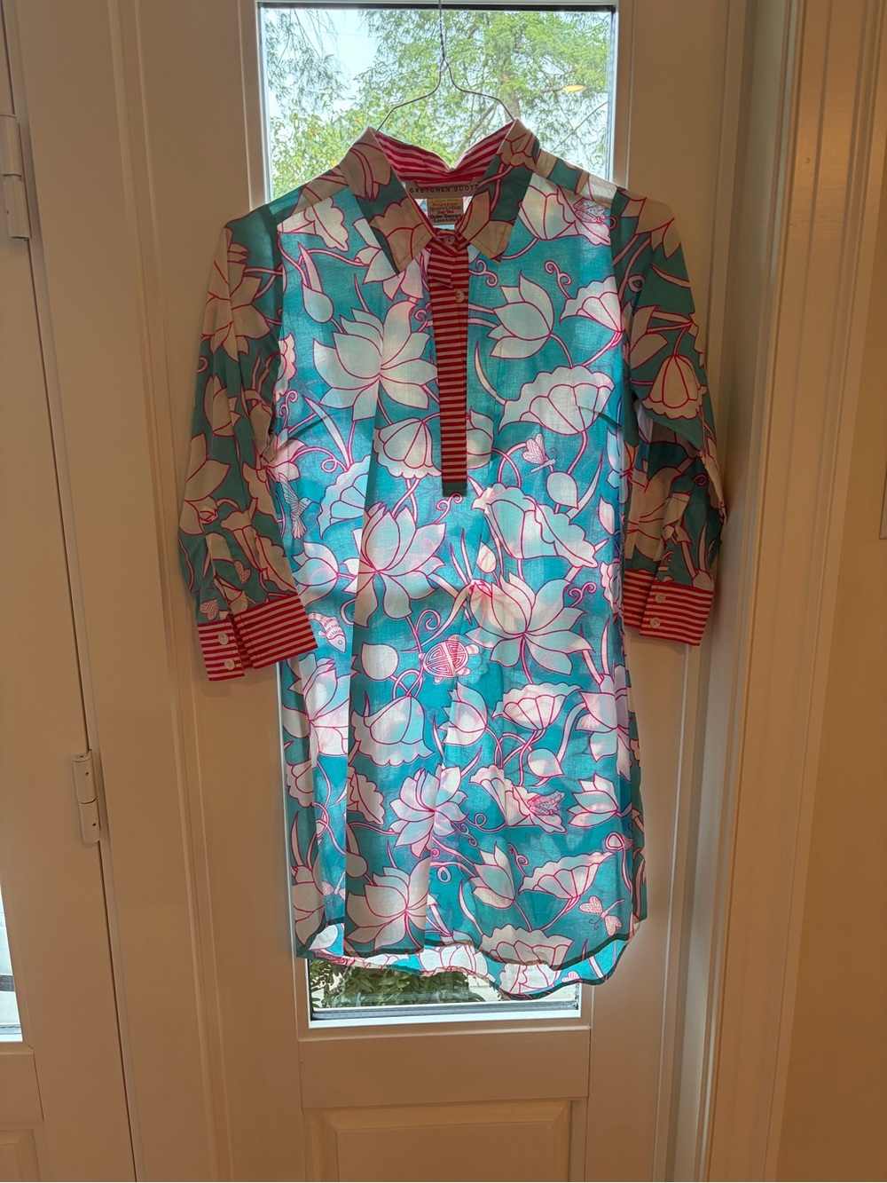 Gretchen Scott Designs Turquoise Floral Long-Sleeve Tunic with Pink Trim